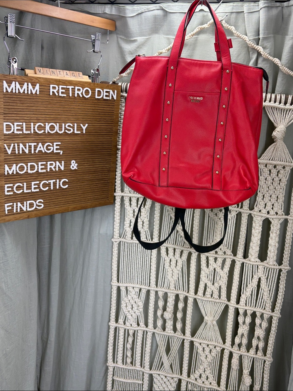 Victoria's Secret Red Gold Studded Faux Leather Convertible Tote-Backpack